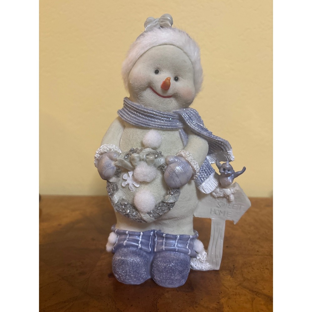 Blue Resin Snowgirl Figurine Winter Holiday Decor Sweet Home Wreath 8 Inch